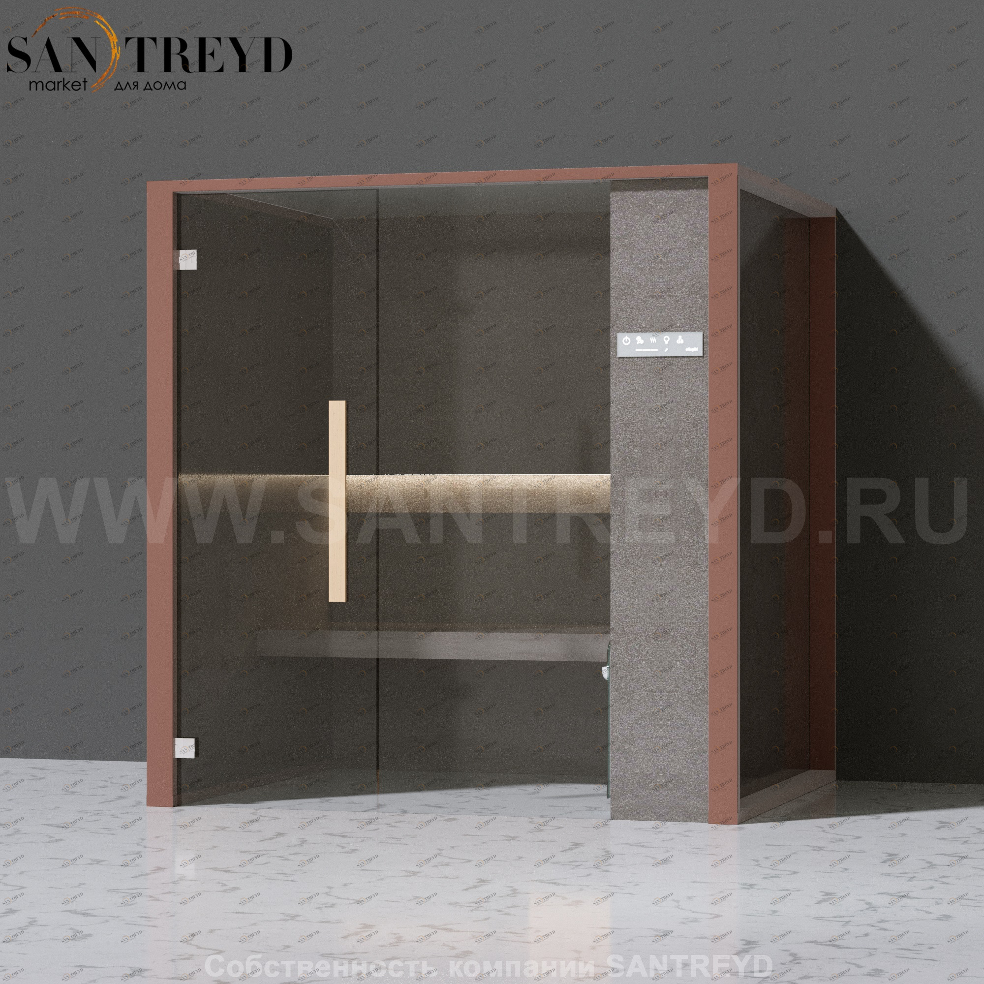 Effegibi ONEFILO H LO61030001 Хаммам. Установка: к стене. Правая дверь. Мощность: 4,5 кВт макс. Размеры: длина 214 см, ширина 171 см. Отделка: Отделка: матовый лакированный коричневый аллюминий и темный ламинат из керамогранита.