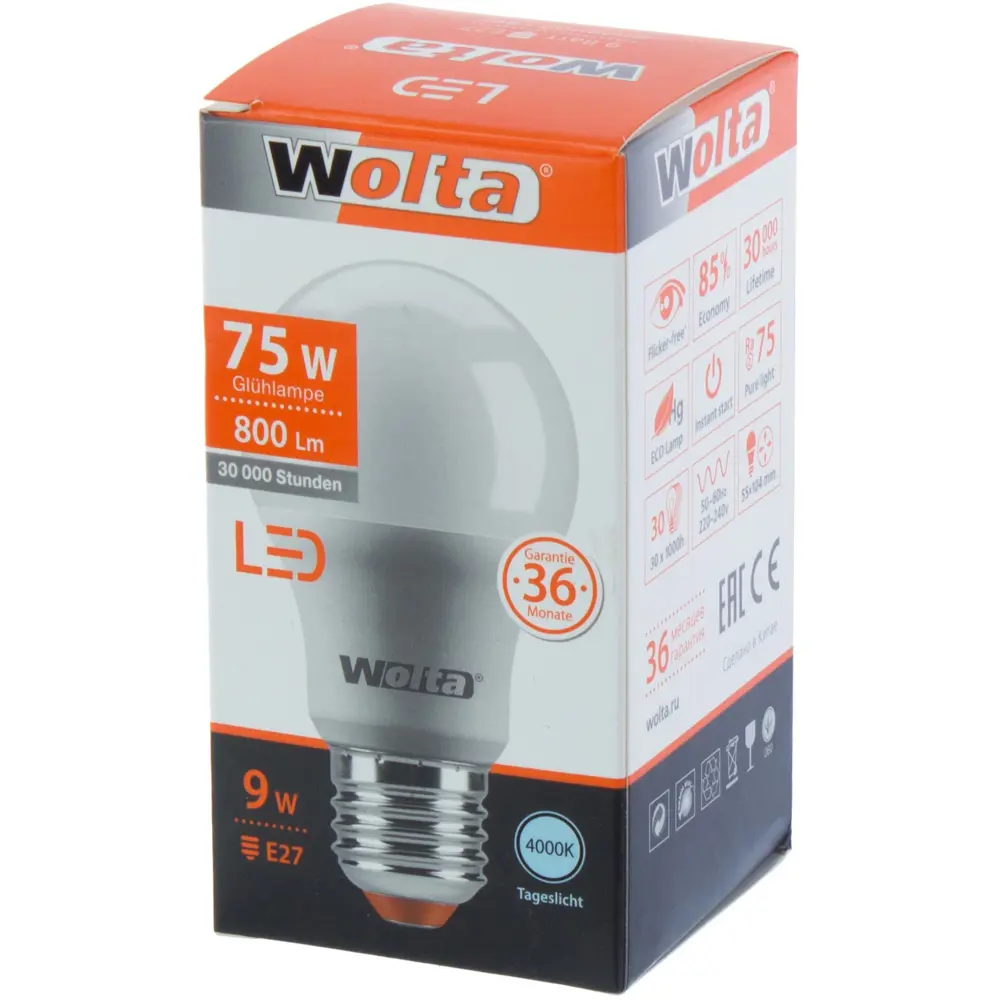 Лампа светодиодная Wolta шар E27 9 Вт 800 Лм свет дневной STLM-2122650 - Вид №1