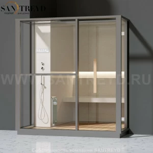 Effegibi LOGICA H LO30010012 Хаммам. Установка: в полунишу. Левая дверь. Мощность: 4,5 кВт макс. Размеры: длина 214 см, ширина 250 см. Отделка: матовый лакированный серый аллюминий и бежевый ламинат из керамогранита.