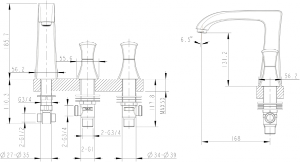 Смеситель врезной для ванны на три отверстия WHIRLPOOL F578112C-1 bravat - Вид №2