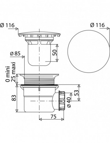 571500 000 00  Душевой трап для поддона Д. 90 мм, крышка из АБС-пластика Д. 116 мм, горизонтальный выход Д. 40 мм, NF, хром Valentin Хром  - Вид №2