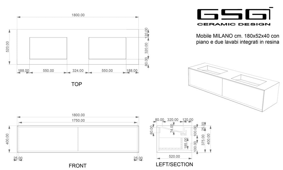 Подвесной шкаф для умывальника из МДФ с 2 раковинами и 2 ящиками GSG Ceramic Design Милан ARCH-00152062 - Вид №5