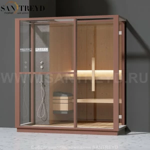 Effegibi LOGICA S LO20030012 Сауна. Установка: в полунишу. Левая дверь. Мощность: 6 кВт макс. Размеры: длина 214 см, ширина 250 см. Отделка: канадский хемлок, матовый лакированный коричневый аллюминий и темный ламинат из керамогранита.