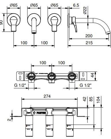 ABOUTWATER Смеситель для умывальника настенный на 3 отверстия Al/23 Fantini Rubinetti sun-id-1413566 - Вид №1
