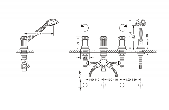 Смеситель для ванны на 4 отверстия ½“, монтаж на борт ванны JOERGER Aphrodite 607.40.150.000 - Вид №1