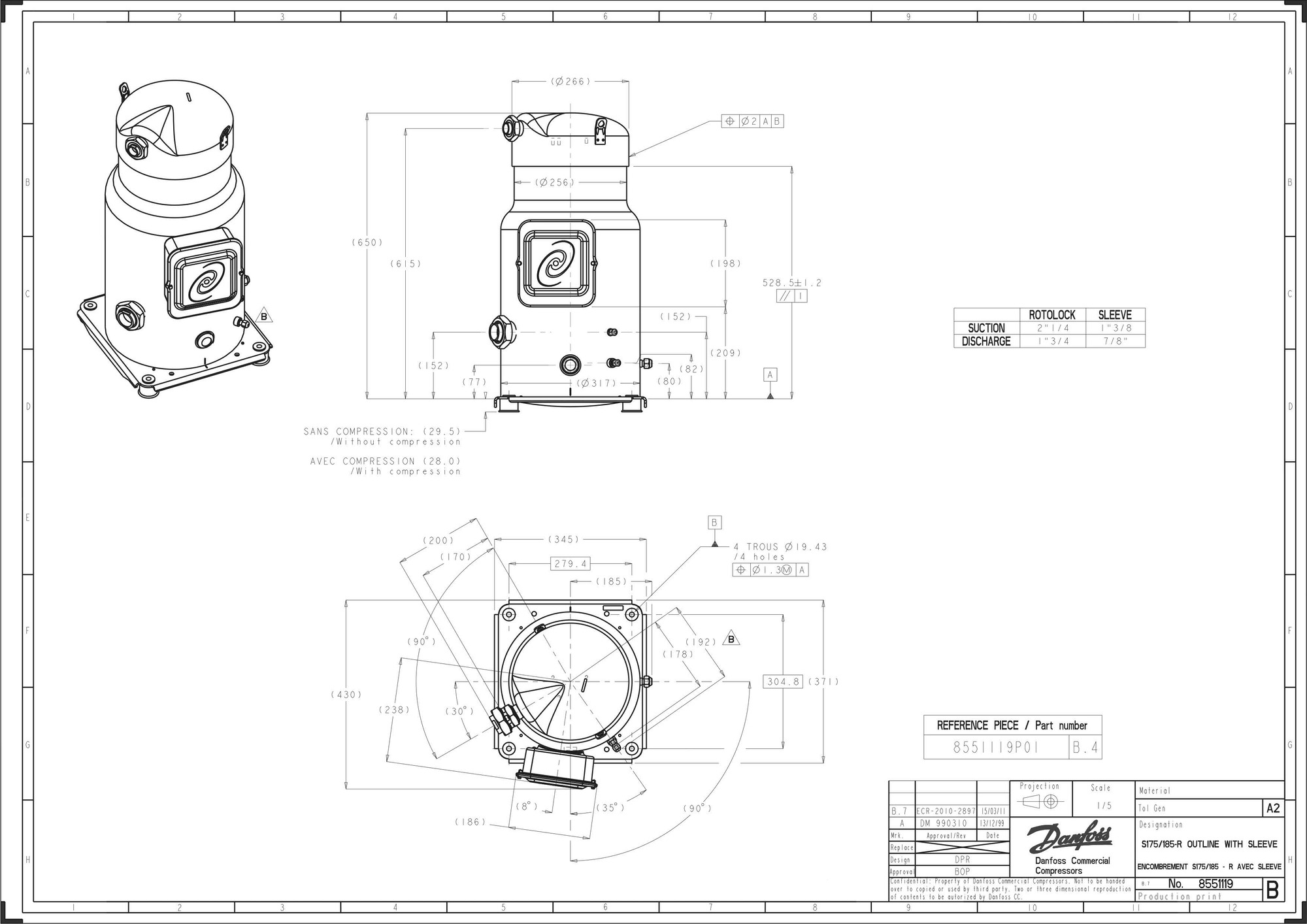 Danfoss SY — Герметичные спиральные компрессоры, R22, R134a, R407C SY240A4CBI Компрессор спиральный SY240A4CBI  - Вид №6
