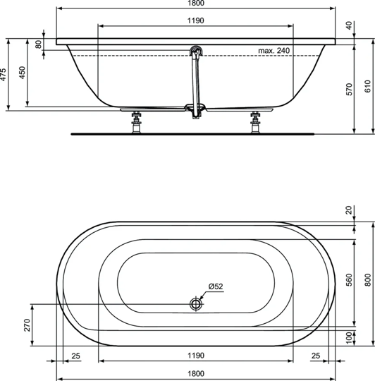 E106801 Встраиваемая акриловая овальная ванна 180х80 см Ideal Standard CONNECT AIR - Вид №3