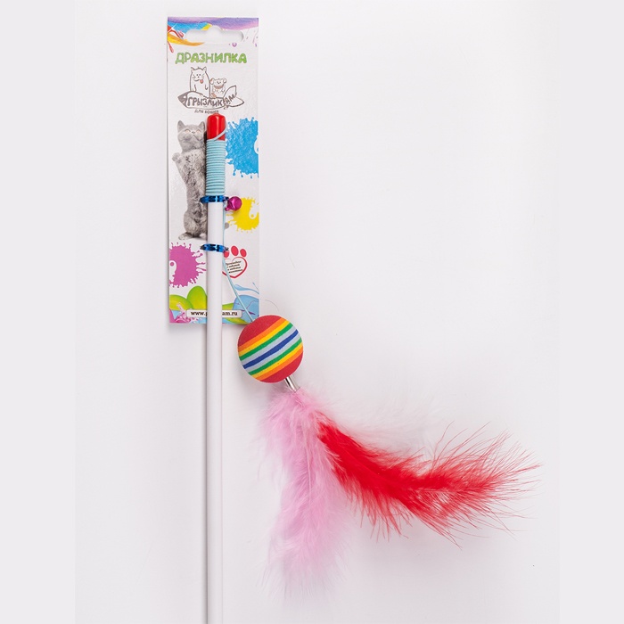 ПР0045450 Игрушка для кошек Дразнилка Радуга мячик с перьями, пластик 3.5х55см ГРЫЗЛИК АМ 