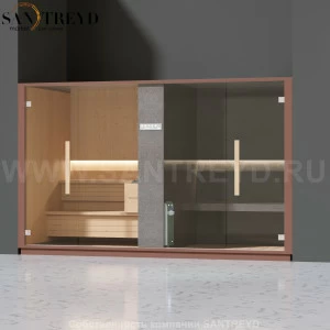 Effegibi LOGICA SH LO40030005 Комбинированная баня: хаммам и сауна. Установка: в нишу. Мощность: 10,5 кВт макс. Размеры: длина 373 см, ширина 171 см. Отделка: канадский хемлок, матовый лакированный коричневый аллюминий и темный ламинат из керамогранита.