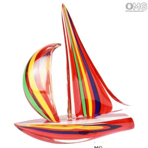 1604 ORIGINALMURANOGLASS Скульптура Красный Парусник с цветными полосками - автор Andrea Tagliapietra - муранское стекло 33 см