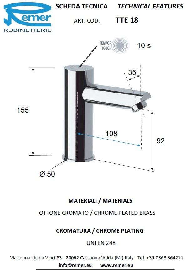 Remer Rubinetterie Смеситель для умывальника с функцией хронометража из хромированной латуни Tempor touch Tte118 - Вид №2