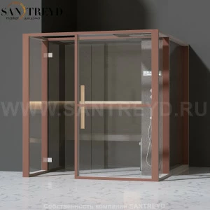 Effegibi LOGICAFILO H LO31030013 Хаммам. Установка: в левый  полуугол. Правая дверь. Мощность: 4,5 кВт макс. Размеры: длина 214 см, ширина 250 см. Отделка: матовый лакированный коричневый аллюминий и темный ламинат из керамогранита.