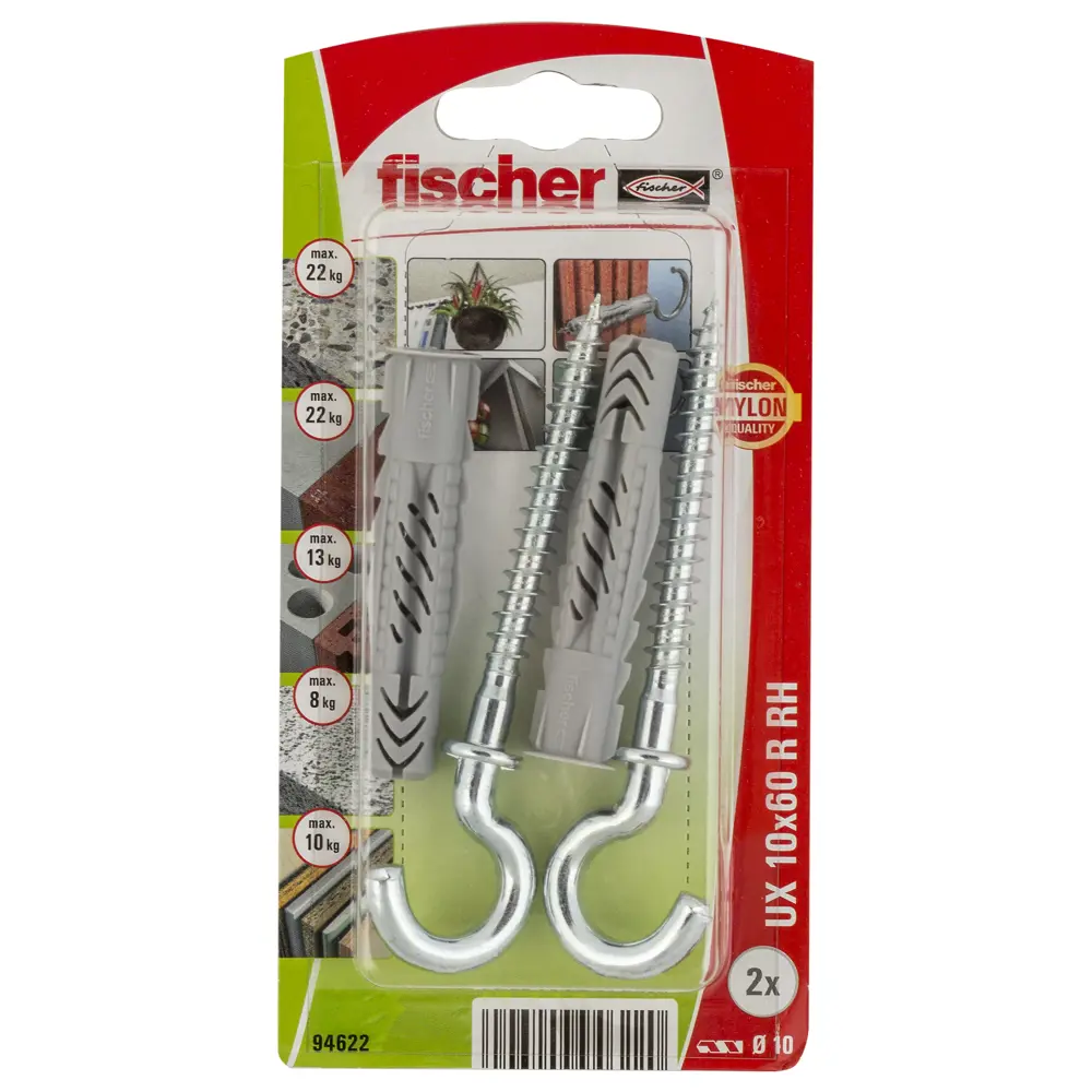 Дюбель универсальный Fischer UX с крюком-полукольцом 10x60 мм нейлон 2 шт STLM-2179995 - Вид №1