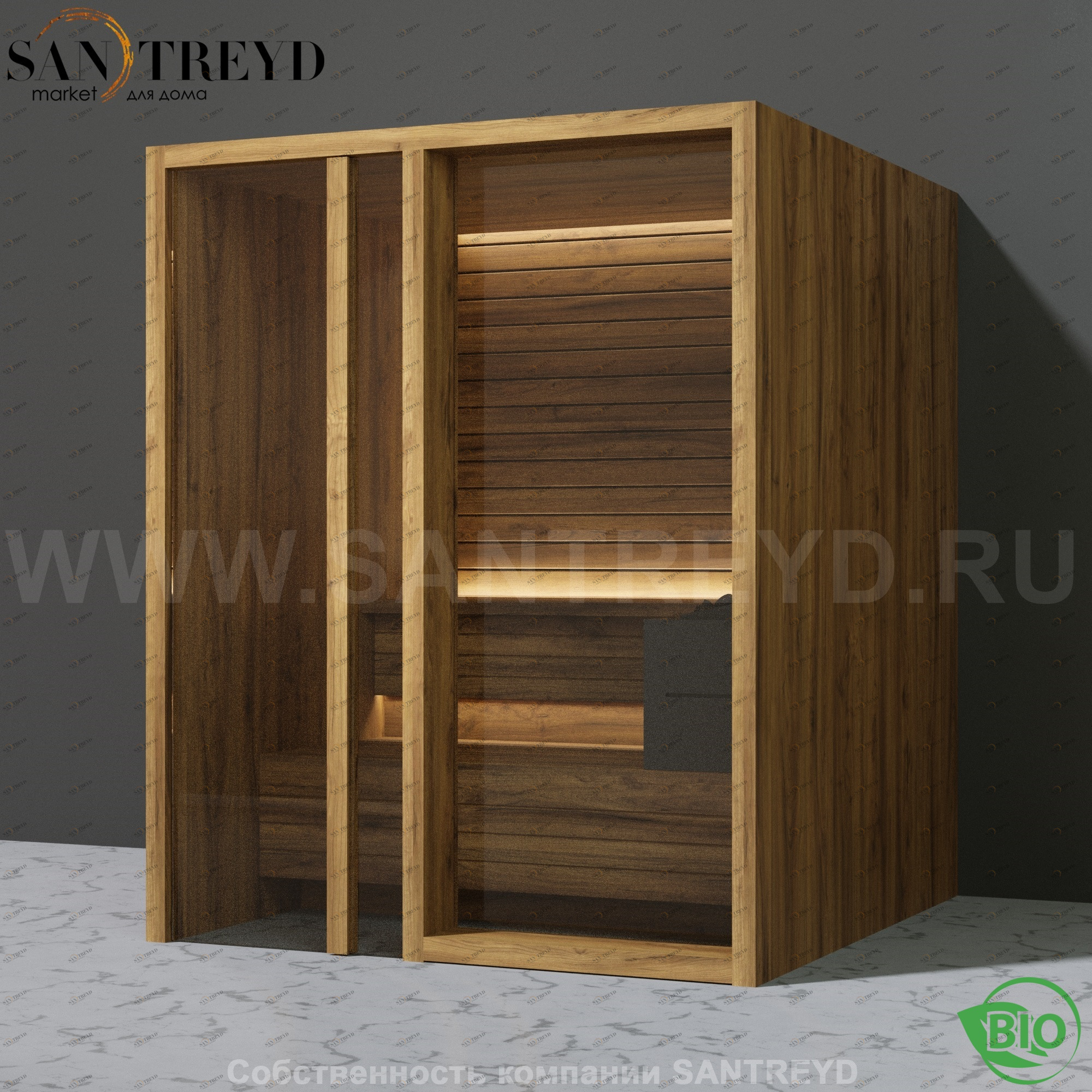 Effegibi YOKU.G60 BI.70300018 Био-сауна с левой дверью. Мощность: 6 кВт макс. Размеры: длина 174 см, ширина 170 см. Отделка: термообработанное дерево BI70300018