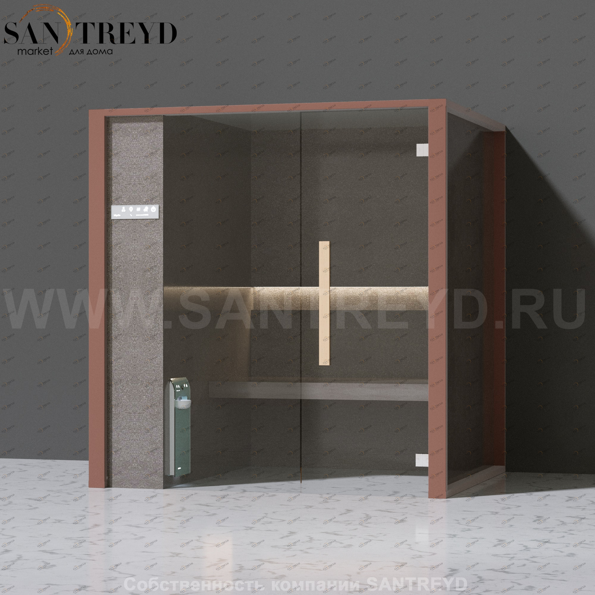 Effegibi ONEFILO H LO61030002 Хаммам. Установка: к стене. Левая дверь. Мощность: 4,5 кВт макс. Размеры: длина 214 см, ширина 171 см. Отделка: матовый лакированный коричневый аллюминий и темный ламинат из керамогранита.