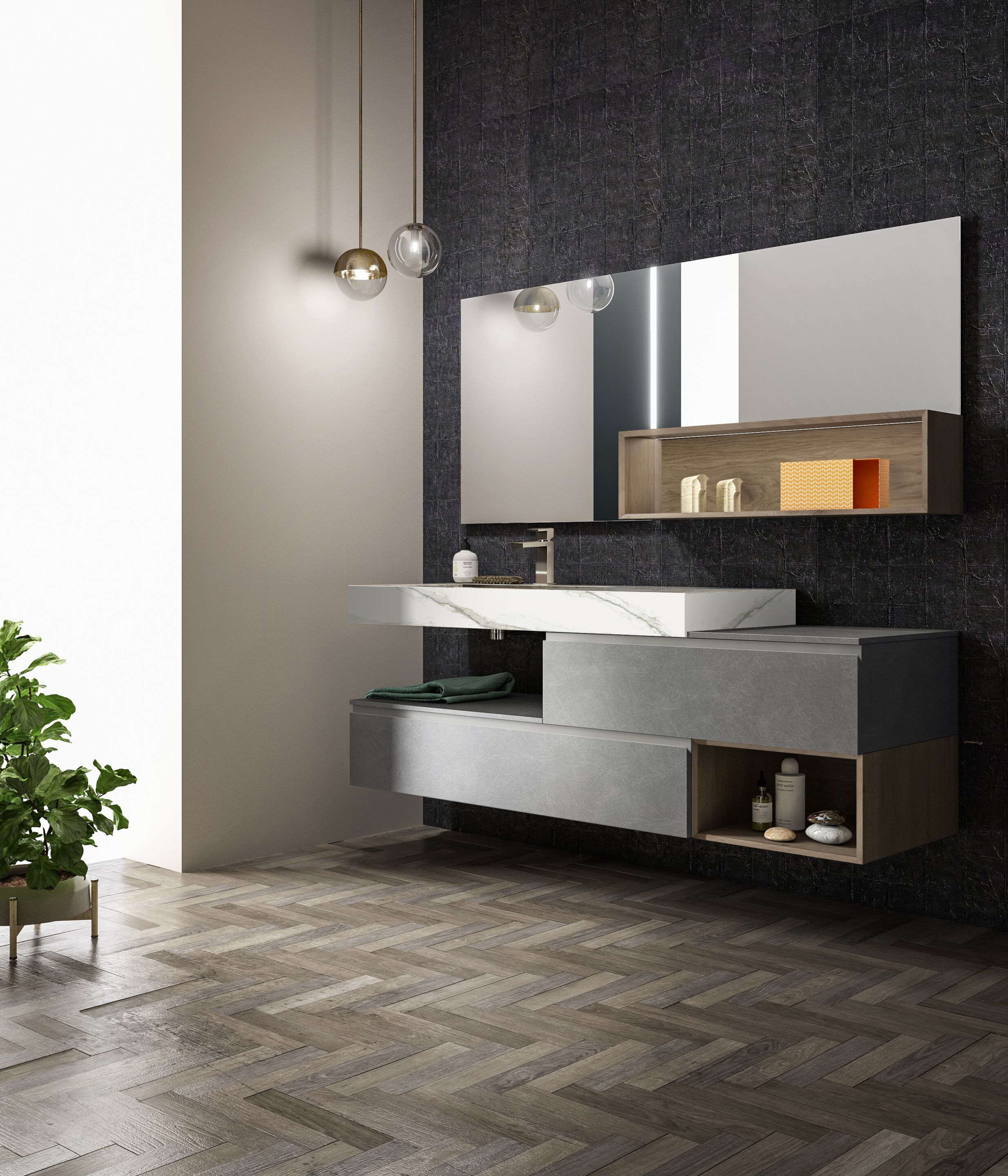 Шкаф для умывальника из керамогранита с зеркалом и колоннами Birex Lapis ARCH-00039492 - Вид №1