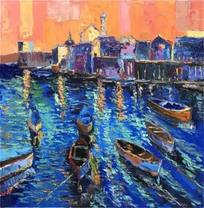 Картина на холсте 100х100 см "Вечерняя Венеция" EVENHOME КАРТИНЫ МАСЛОМ 129997 Голубой;оранжевый;синий;разноцветный
