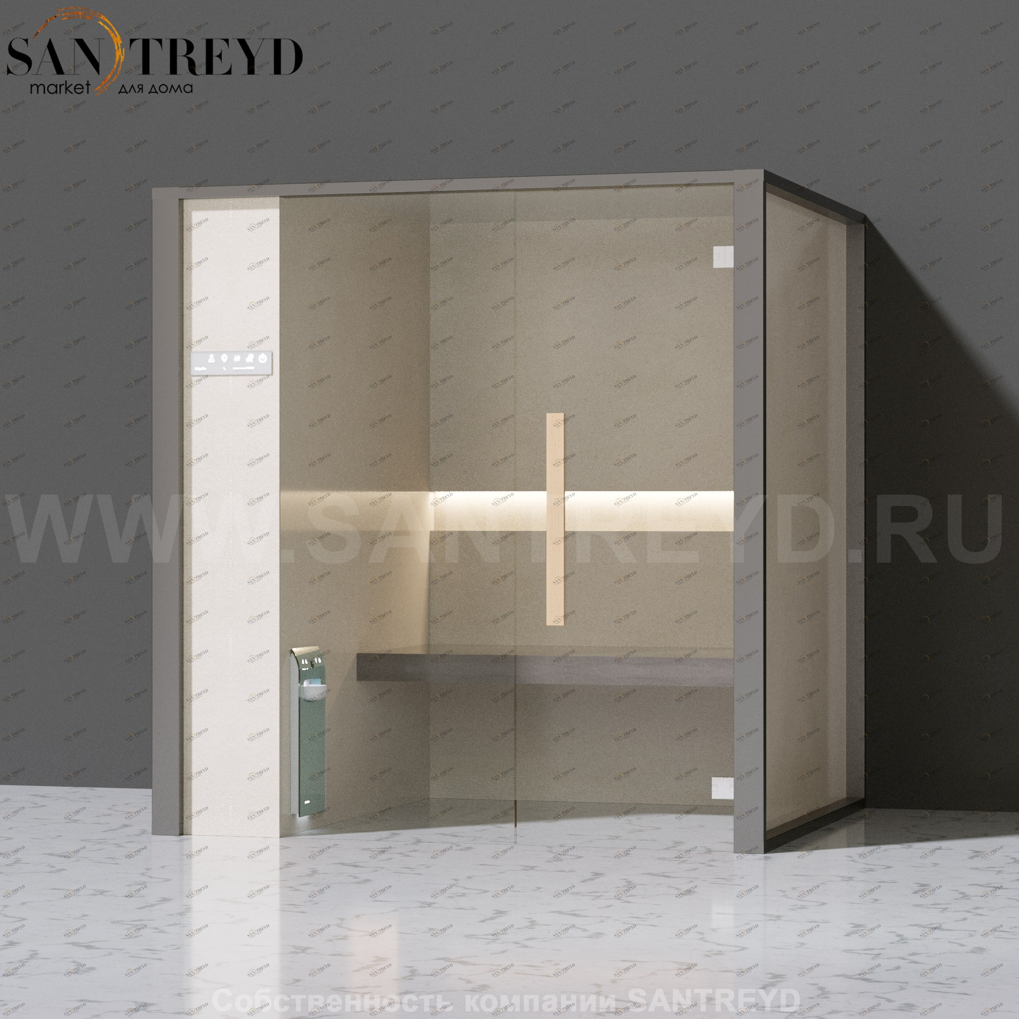 Effegibi ONEFILO H LO61010002 Хаммам. Установка: к стене. Левая дверь. Мощность: 4,5 кВт макс. Размеры: длина 214 см, ширина 171 см. Отделка: матовый лакированный серый аллюминий и бежевый ламинат из керамогранита.