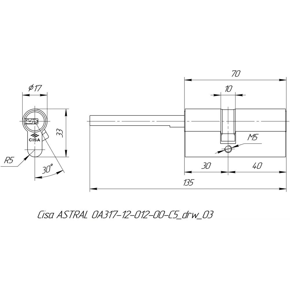 Цилиндр Cisa Astral ОА317-12.12, 35x10x25 мм, ключ/шток, цвет никель, без вертушки STLM-2153462 - Вид №4