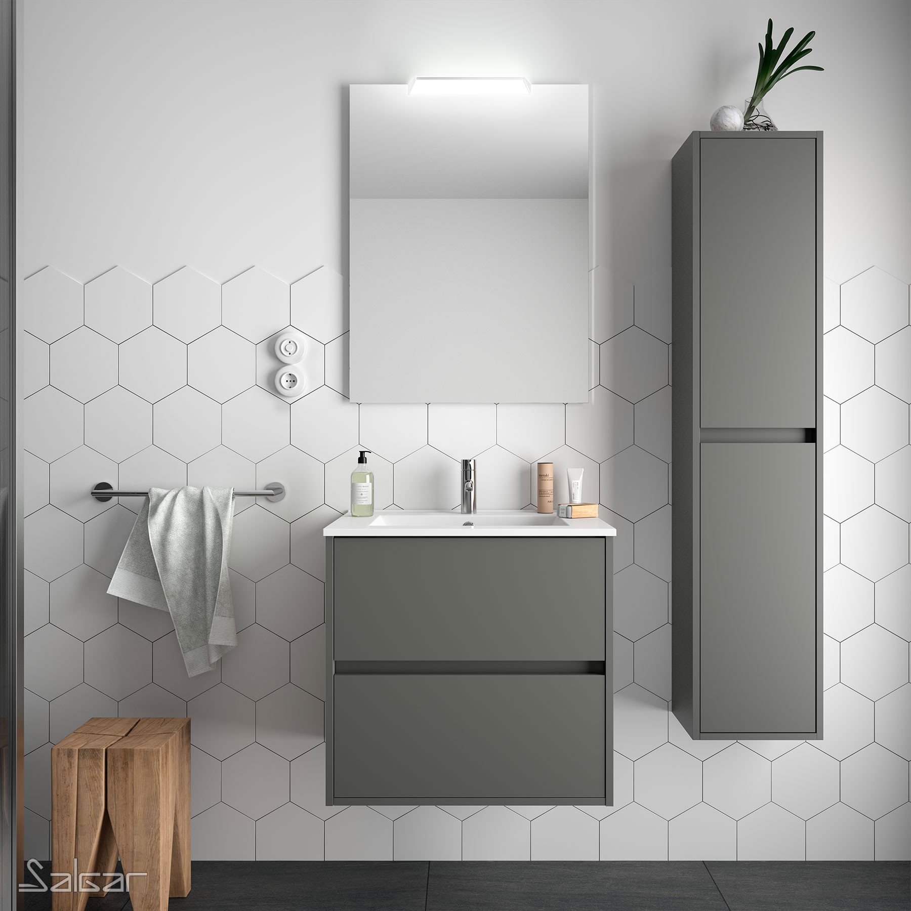 85034 SALGAR Комплект мебели для ванной NOJA 700 MATT GREY + Раковина + Зеркало + Свет Мэтт Грей