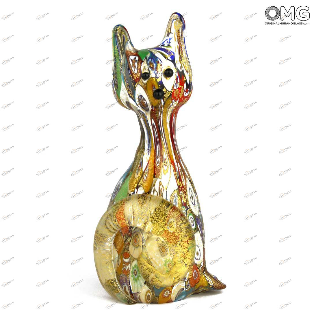 1419 ORIGINALMURANOGLASS Фигурка кота Миллефиори Муррины золото - Gatto Millefiori Oro - муранское стекло 4 см 