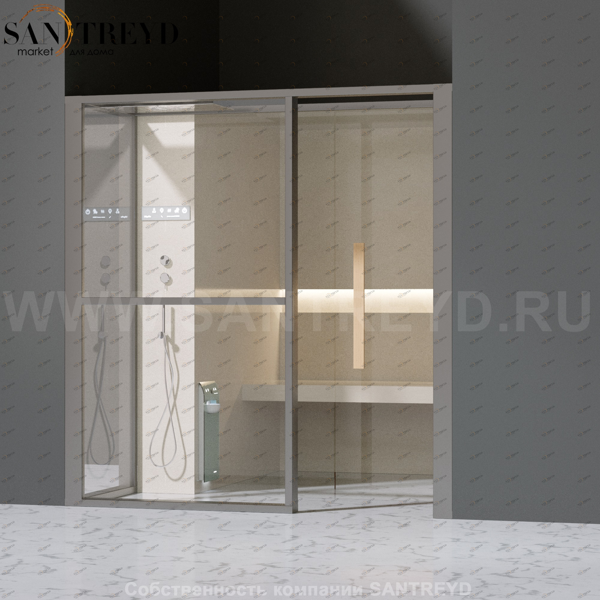 Effegibi LOGICAFILO H LO31010010 Хаммам. Установка: в нишу. Левая дверь. Мощность: 4,5 кВт макс. Размеры: длина 214 см, ширина 250 см. Отделка: матовый лакированный серый аллюминий и бежевый ламинат из керамогранита.