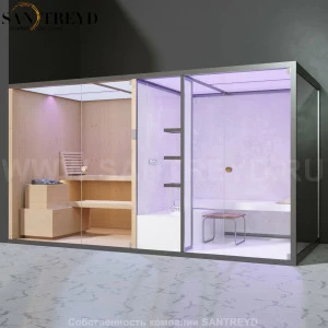 Effegibi BODYLOVE SH BL40110005 Фронтальная комбинированная баня: хаммам и сауна. Установка: в левый угол. Мощность: 15 кВт макс. Размеры: длина 393 см, ширина 176 см. Отделка: канадский хемлок, светлый керамогранит и зеркало.