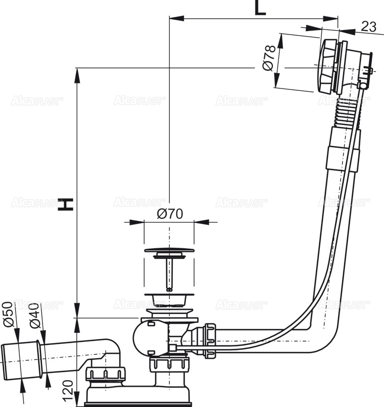 Сифон для ванны автомат комплект, металл ALCAPLAST A550KM - Вид №1