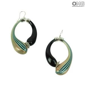 804 ORIGINALMURANOGLASS Серьги Дениз черные-зеленые-золотые - муранское стекло OMG 5 см