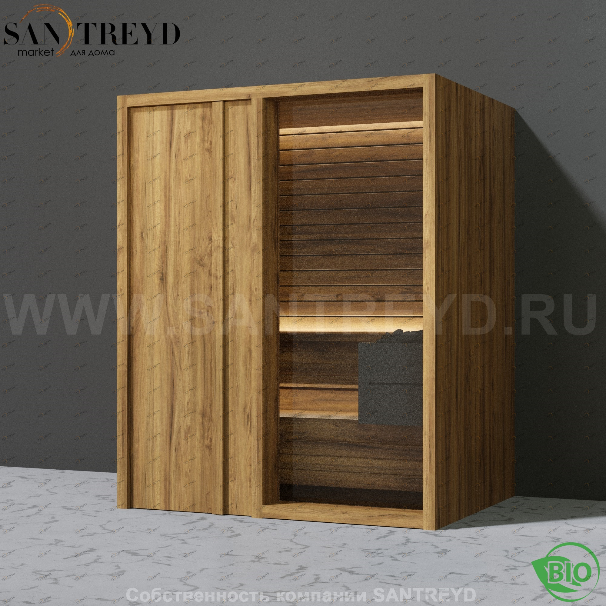 Effegibi YOKU.D45 BI.70200024 Био-сауна с левой дверью. Мощность: 4,5 кВт макс. Размеры: длина 174 см, ширина 132 см. Отделка: термообработанное дерево BI70200024