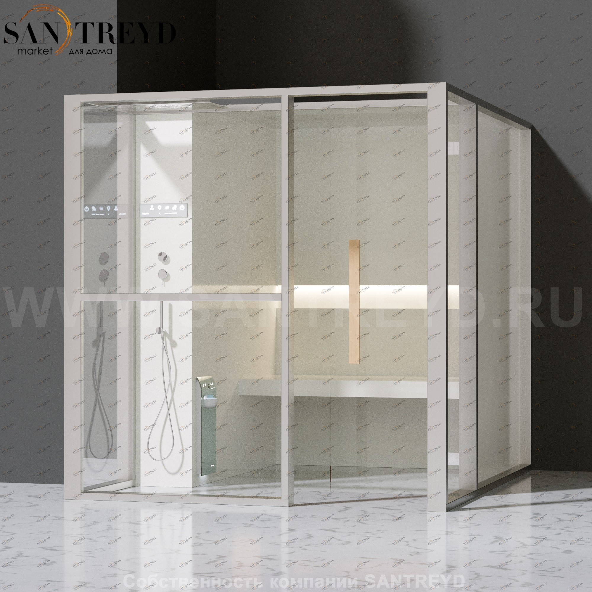 Effegibi LOGICAFILO H LO31020014 Хаммам. Установка: в левый  полуугол. Левая дверь. Мощность: 4,5 кВт макс. Размеры: длина 214 см, ширина 250 см. Отделка: матовый лакированный белый аллюминий и серый ламинат из керамогранита.