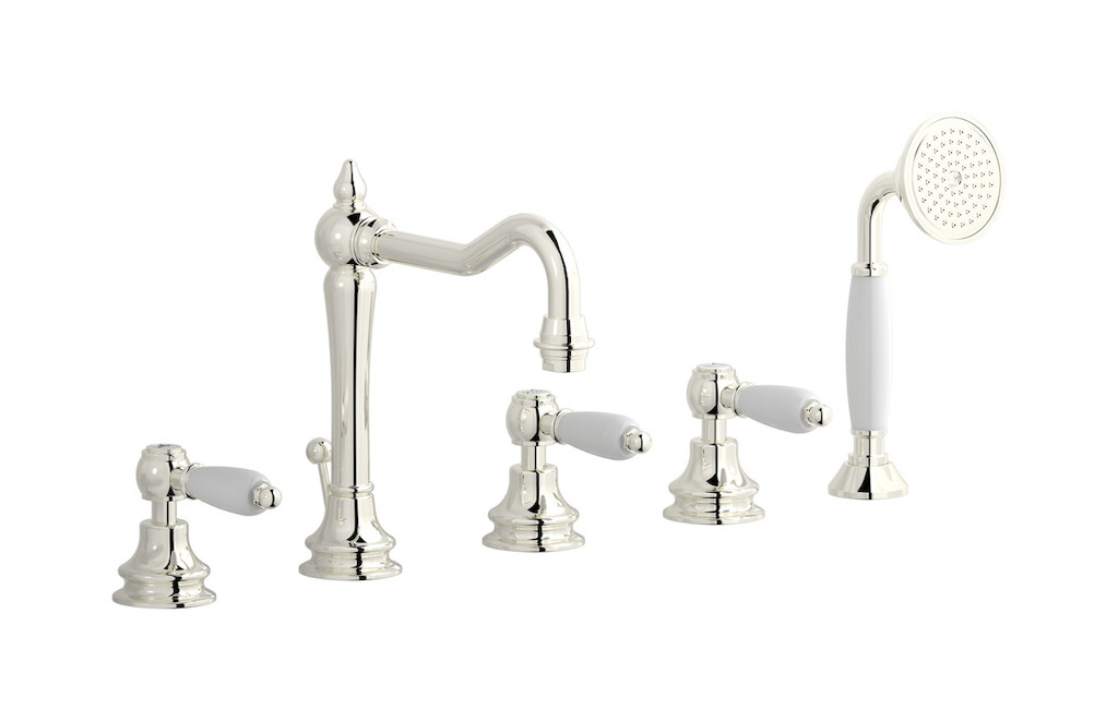 Смеситель на бортик ванной на 5 отверстий с дивертером и душевым гарнитуром. WE ARE IB hl396pl_2 Platinum Hermes