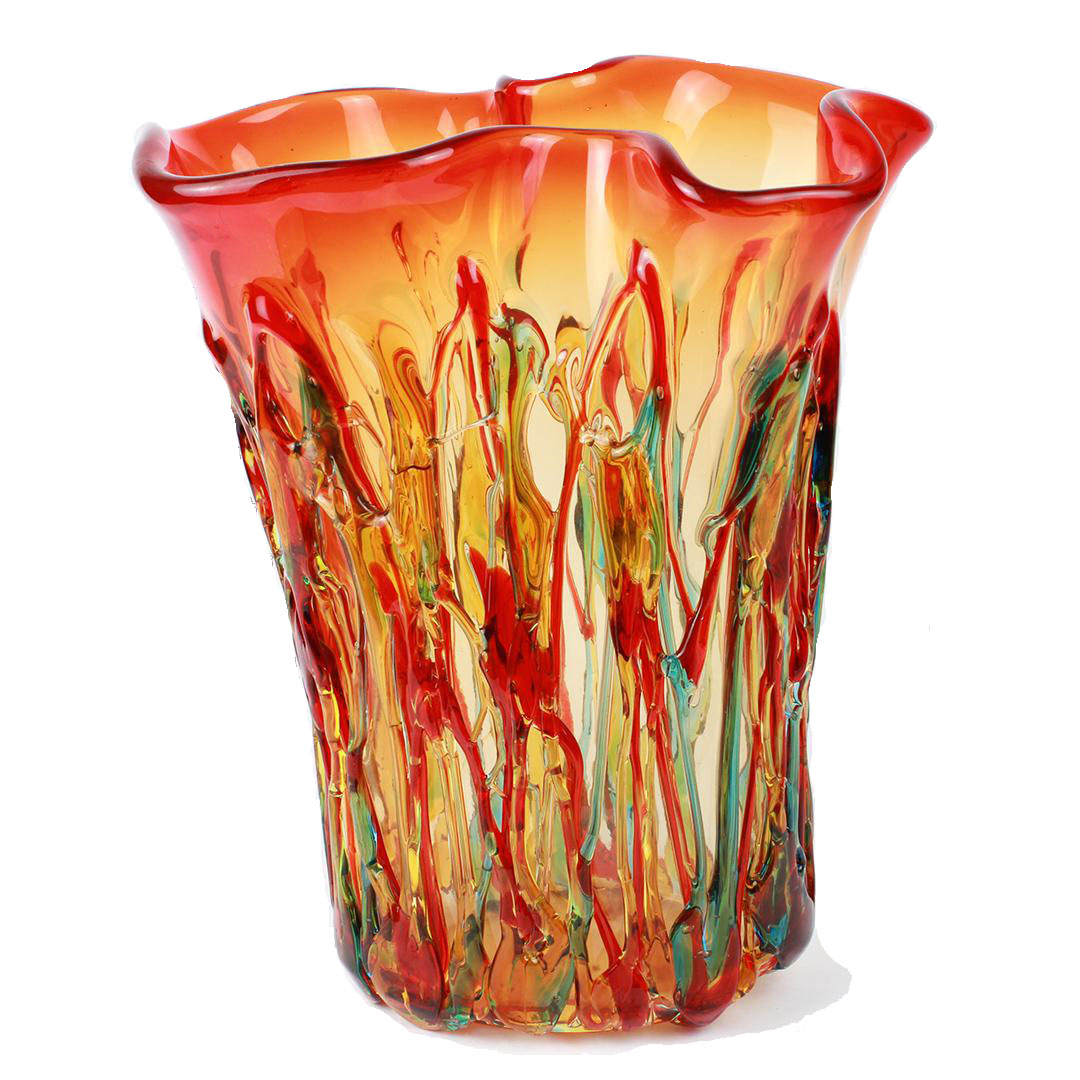 1180 ORIGINALMURANOGLASS Цветочная ваза Куба из муранского стекла - Оранжевое пламя - OMG 30 см  - Вид №1