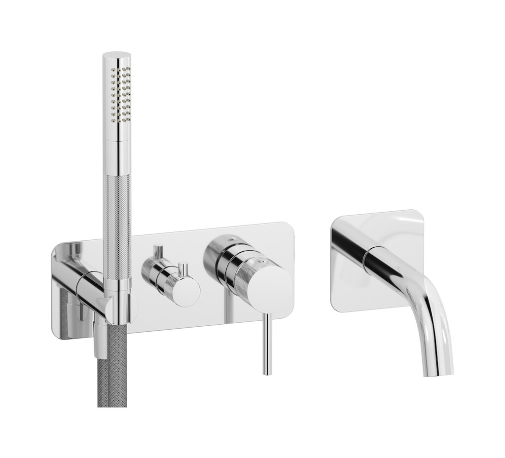 Настенный смеситель для ванной на 5 отверстий с дивертером и душевым гарнитуром. WE ARE IB id398cc Chrome Industria