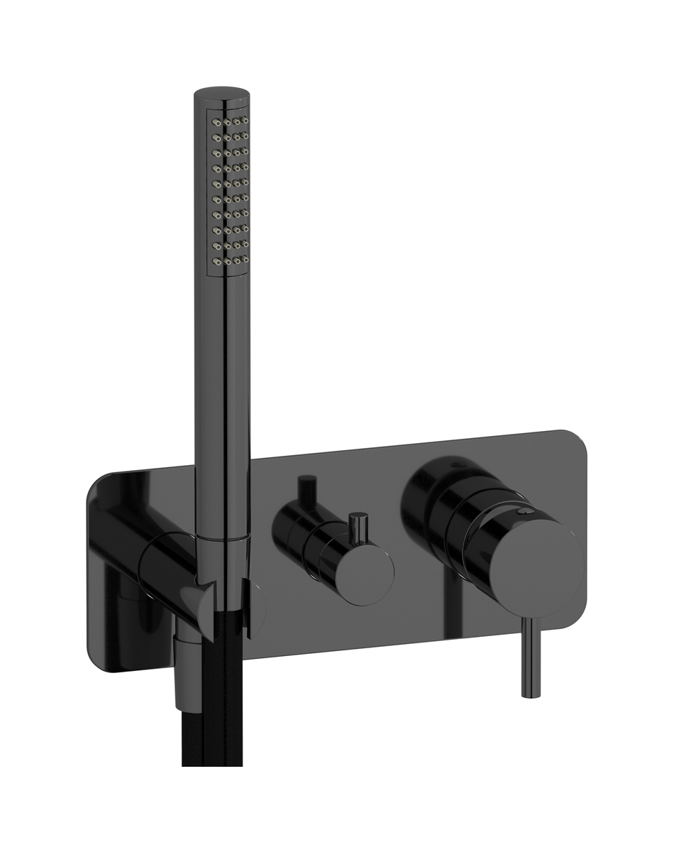 Внешние части встроенного в стену смесителя на 2 потребителя в комплекте с душевым гарнитуром. WE ARE IB mt313cf Black Chrome MilanoTorino 