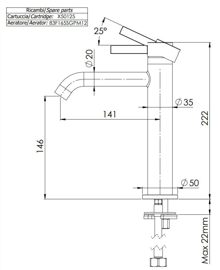 Однорычажный смеситель для раковины без слива Remer Rubinetterie метрическая ARCH-00128580 - Вид №2