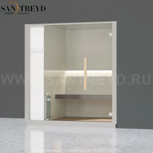 Effegibi ONE H LO60020008 Хаммам. Установка: в правый угол. Левая дверь. Мощность: 4,5 кВт макс. Размеры: длина 214 см, ширина 171 см. Отделка: матовый лакированный белый аллюминий и серый ламинат из керамогранита.