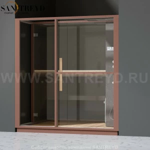 Effegibi LOGICA H LO30030009 Хаммам. Установка: в нишу. Правая дверь. Мощность: 4,5 кВт макс. Размеры: длина 214 см, ширина 250 см. Отделка: матовый лакированный коричневый аллюминий и темный ламинат из керамогранита.