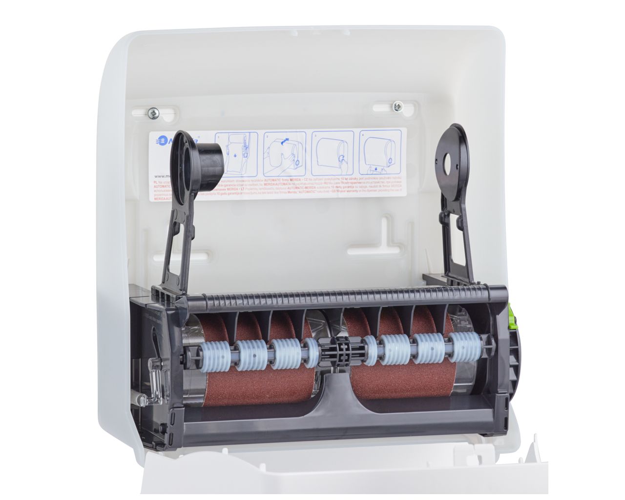 CJB302 Механический диспенсер для бумажных полотенец в рулонах SOLID CUT AUTOMATIC MAXI, АБС-пластик, полностью белая передняя часть - матовая, прозрачная светлая задняя часть - матовая Merida  - Вид №6