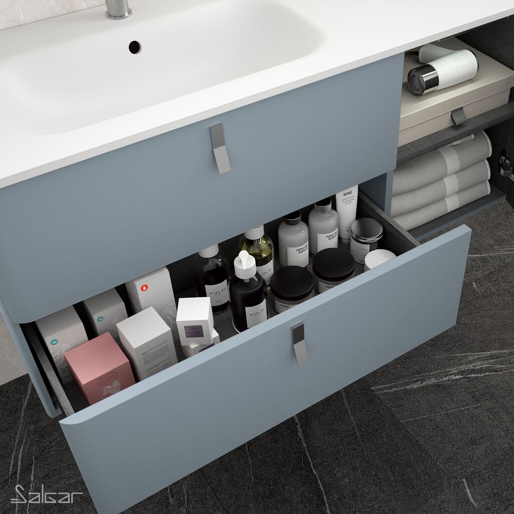 83115 SALGAR Мебель для умывальника UNIIQ 900 BLUE FOG правая 1 дверца и 2 ящика с системой мягкого закрывания 897 x 540 x 450 мм  - Вид №2