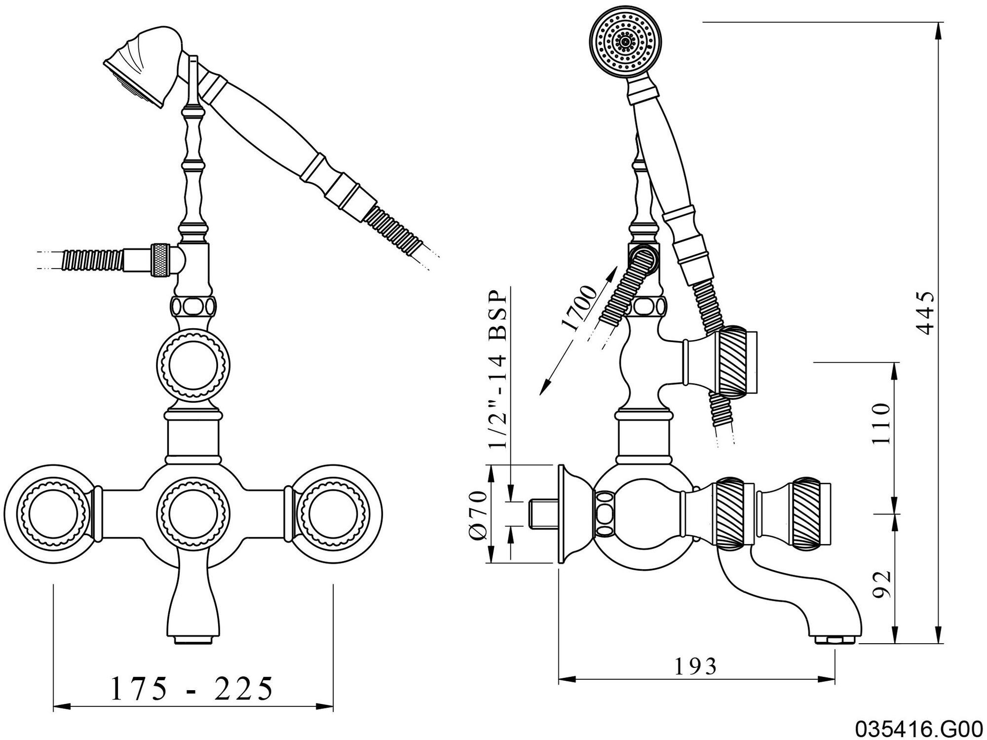 Bronces Mestre Настенный смеситель для ванны на 2 отверстия с ручным душем Retro 035416.g00.50 - Вид №1