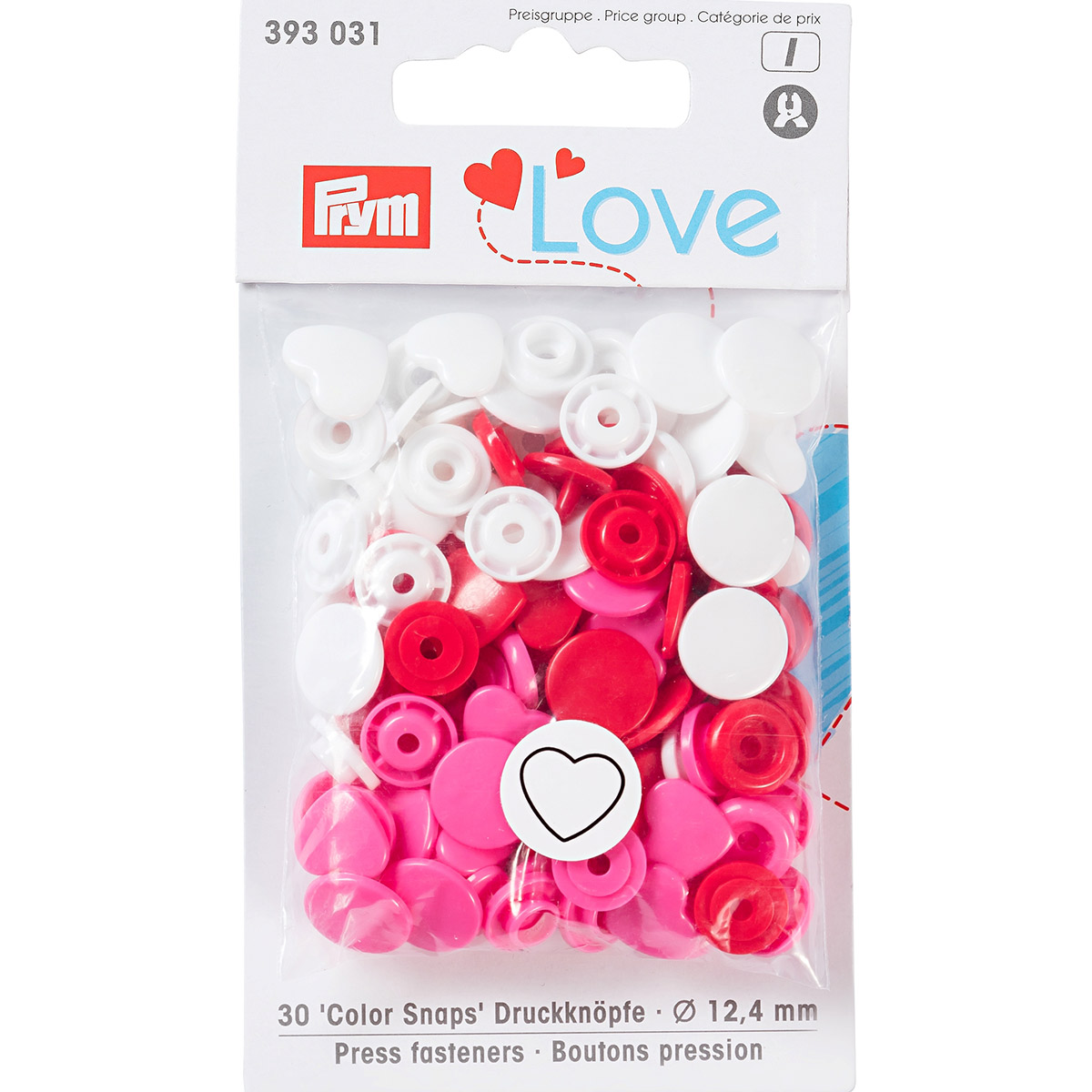 393031 Кнопка PL Color Snaps Сердце пластик d 12.4 мм 30 шт. красные/белые/розовые PRYM Prym Love 