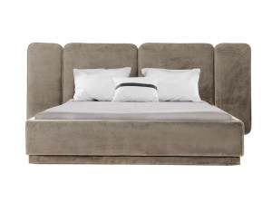 Двуспальная мягкая кровать из ткани с высоким изголовьем