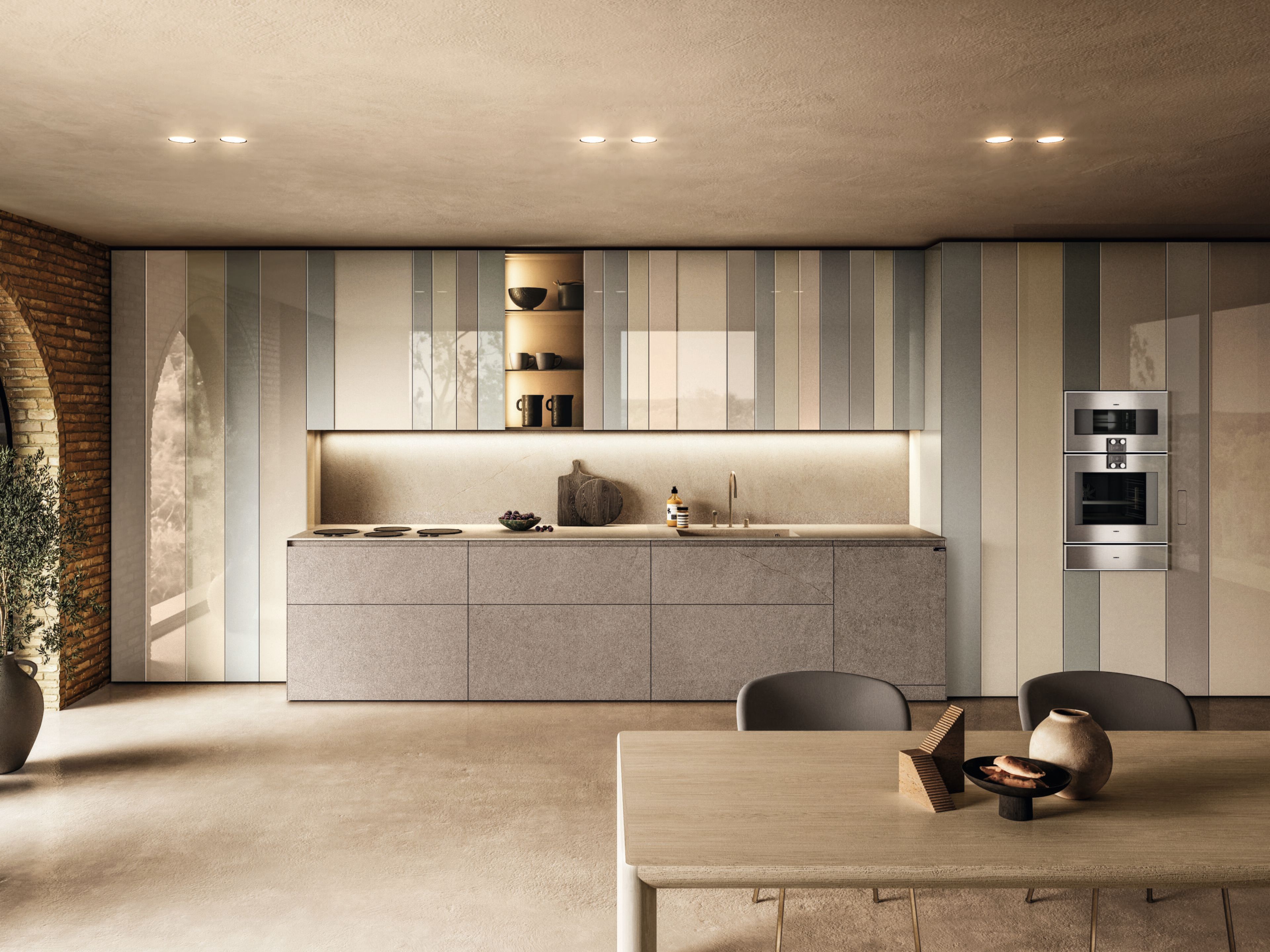 Линейная кухня из дерева и стекла без ручек Lago N. O. W ARCH-00076061