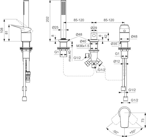Смеситель для ванны с 3 отверстиями и ручным душем Ideal Standard La Dolce Vita ARCH-00138714 - Вид №5