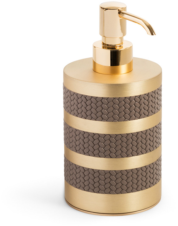 Дозатор для мыла Saturno - Ø 8XH17 см / хромированная металлическая отделка / зерненая кожа серо-коричневый