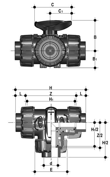 SANIT 72702016160 3-ходовой шаровой кран d 16-63, ТКД DualBlock®, PVC-U, Т-порт, сварка растворителя  - Вид №1