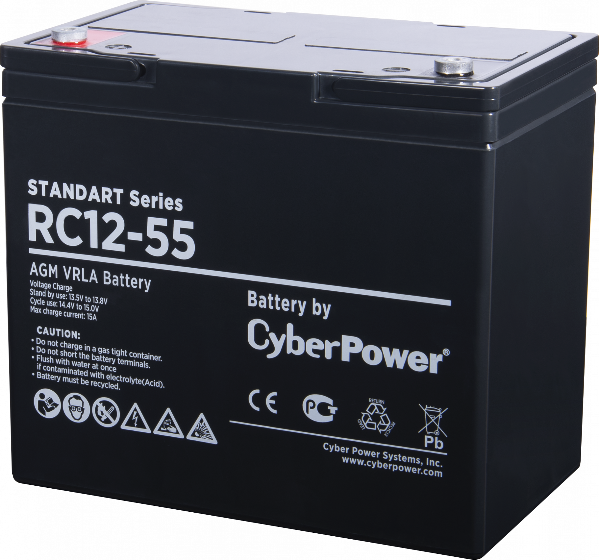 RC 12-55 Battery standart series rс 12-55, voltage 12v, capacity (discharge 20 h) 55ah, max. discharge current (5 sec) 500a, max. charge current 15a, lead-acid type agm, terminals under bolt m6, lxwxh 230x138x205mm., full height with terminals 227mm., wei Santreyd 
