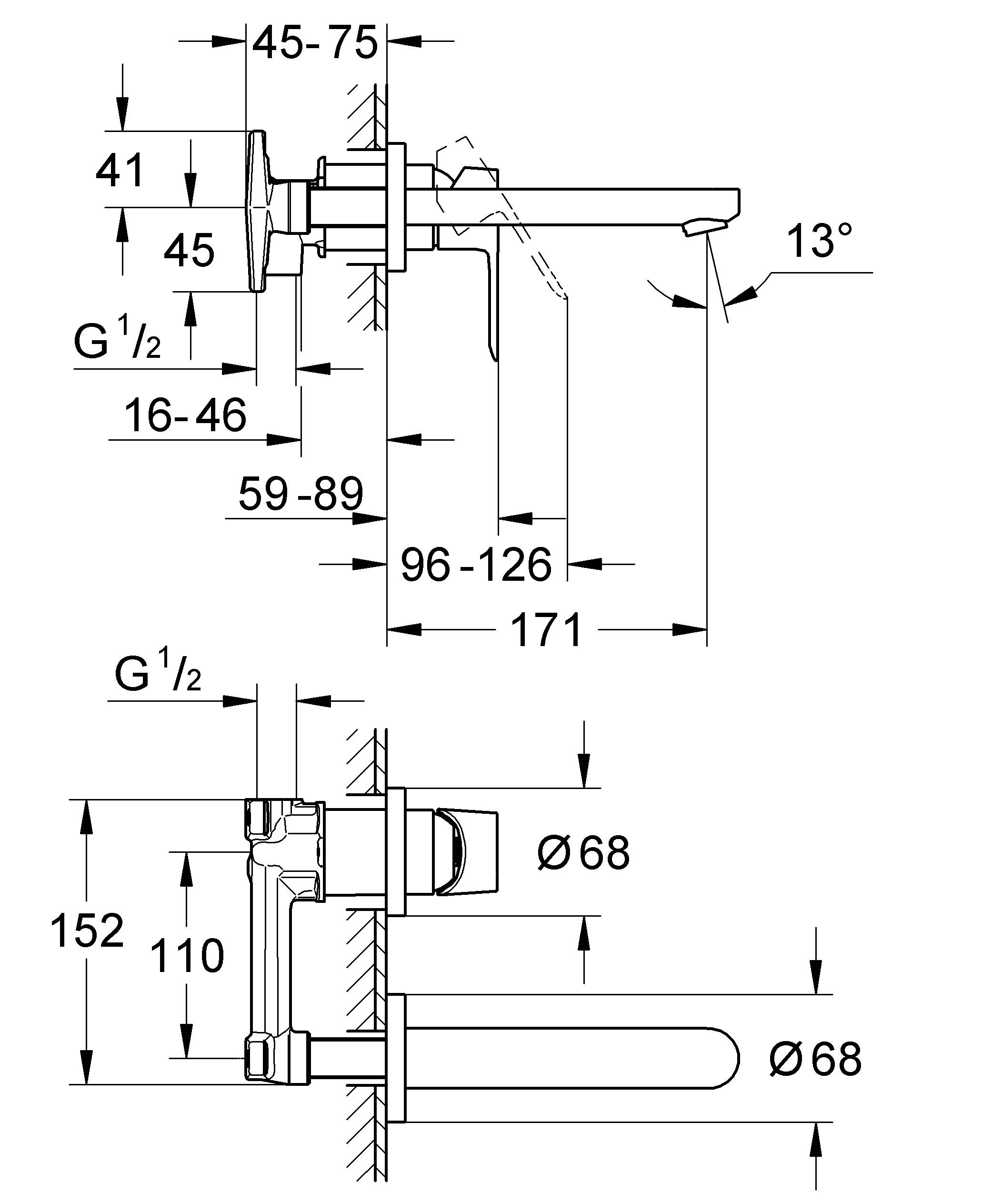 Смеситель GROHE BauLoop для раковины на 2 отверстия, настенный монтаж, хром (20289000) - Вид №1