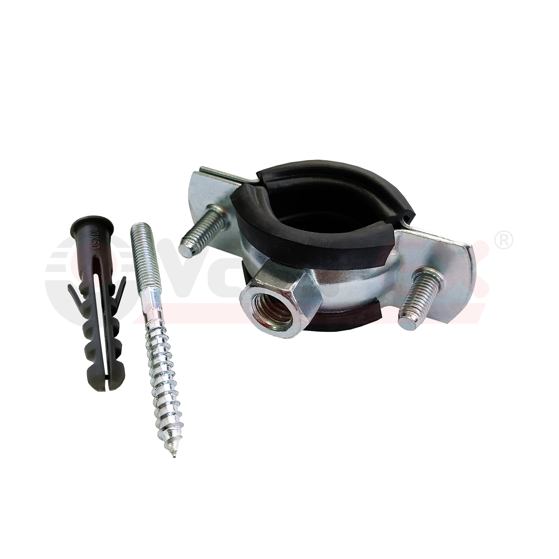 45WR-48 Valfex Хомут оцинкованный с резиновым уплотнением (в комплекте шпилька М8*80 и дюбель) Китай 